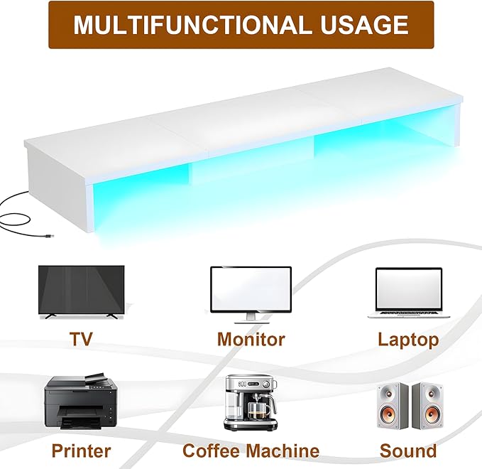 Dual Monitor Stand Riser for Desk with LED Lights, Large Computer Monitor Stand for 2 Monitors, Desk Shelf for Top of Desk, Desktop Organizer for Computer, Laptop, Printer, TV