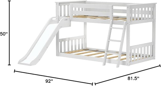 Max & Lily Solid Wood Twin Over Twin Size Low Bunk Beds for Kids with Slide and Ladder, 400 lbs Weight Capacity, 14" Safety Guardrail, Anti-Slip Steps, White