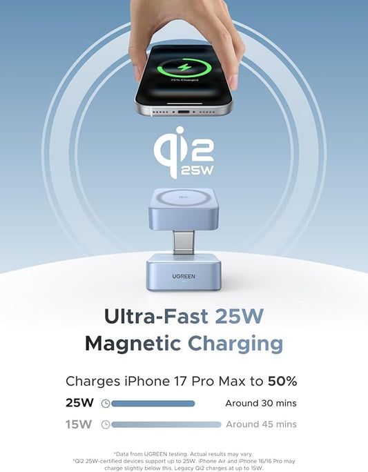 UGREEN Qi2 25W Magflow Wireless Charger Magsafe Charging Station 2-in-1 for iPhone 17/16/15/14/13/12 Pro Max, Fast Foldable Stand with USB-C Port, Compatible with AirPods, Dual Device Charging