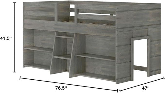 Max & Lily Modern Farmhouse Low Loft Bed, Twin Bed Frame for Kids with 2 Bookcases, Driftwood