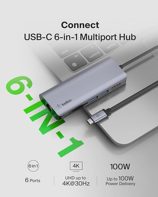 Belkin USB C Hub, 6-in-1 MultiPort Adapter Dock with 4K HDMI, USB-C 100W PD Pass-Through Charging, 2 x USB A, Gigabit Ethernet Ports and SD Slot for MacBook Pro, Air, iPad Pro, XPS and More