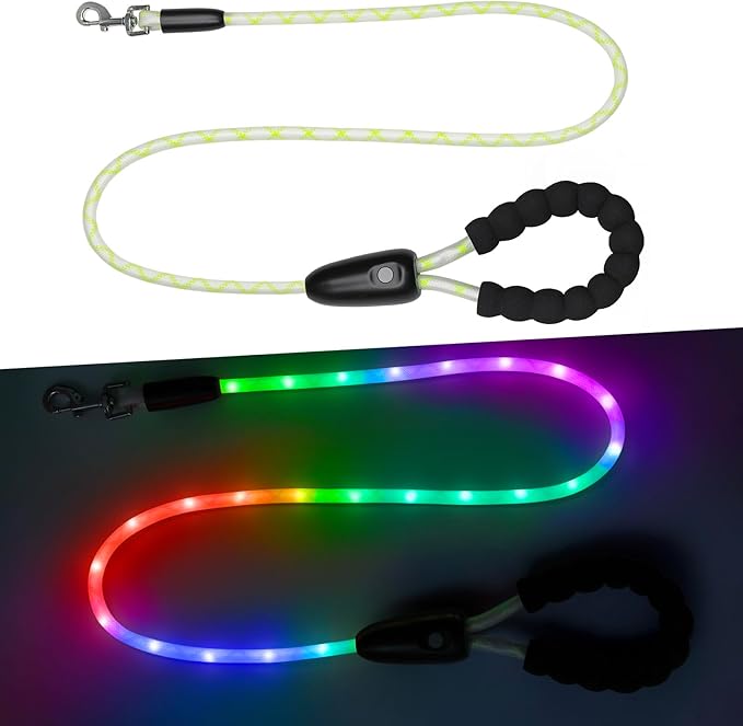 YFbrite Waterproof Light up Dog Leash with 15 Flashing Modes - Super Bright LED Dog Leash for Small Medium Large Dogs - Type-c Rechargeable Dogs Leashes Light (Multi-Color, 6FT (180cm))