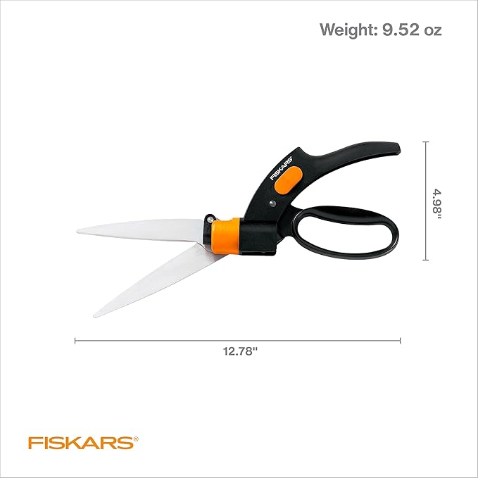 Fiskars Shear Ease Grass Shears - 5" Stainless Steel Blades - 360-Degree Swivel Blade Plant Cutting Scissors - Garden Shears and Grass Cutter, Black