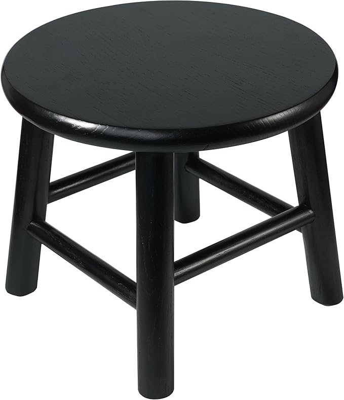 CONSDAN 9-Inch Round Step Stool for Adults & Kids, USA Grown Solid Oak Hardwood, Sturdy Small Foot Stool for Kitchen, Bedroom, Bathroom, Shoe Changing, Plant Stand, Fully Assembled (Black)