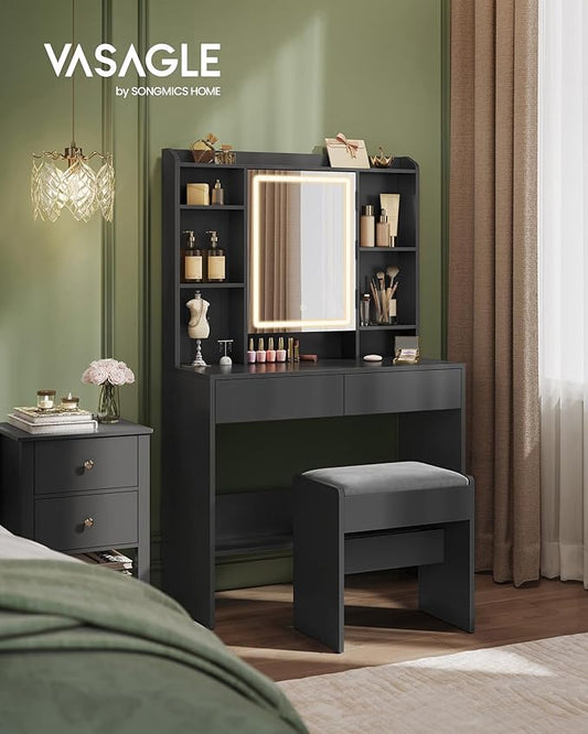 VASAGLE Vanity Desk with Mirror and Lights, Makeup Vanity with Upholstered Vanity Stool, Dimmable LED Lights, Adjustable Shelves, 7 Compartments, 2 Drawers, for Bedroom, Ink Black URDT131B01