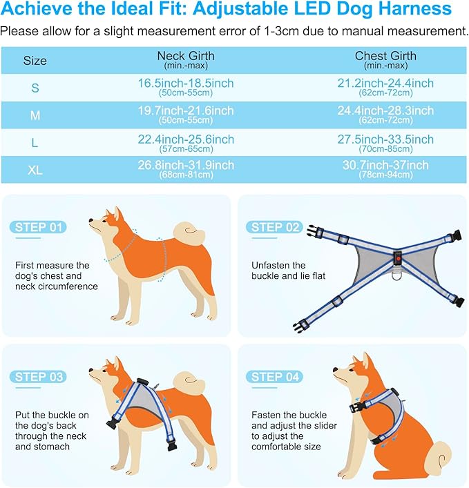 Visinite LED Dog Harness, USB Rechargeable Light Up Dog Vest, 2 Illuminate Modes Glow in The Dark Dog Harness, Adjustable Lighted Pet Harness Light for Night Walking Safety(Blue, XL)