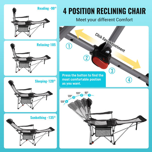 #WEJOY 2-in-1 Reclining Camping Chair with Footrest for Adults Folding Lounge Chair with Adjustable Backrest Lightweight Camping Chairs Heavy Duty Camp Chairs for Outdoor (1, Black Grey)