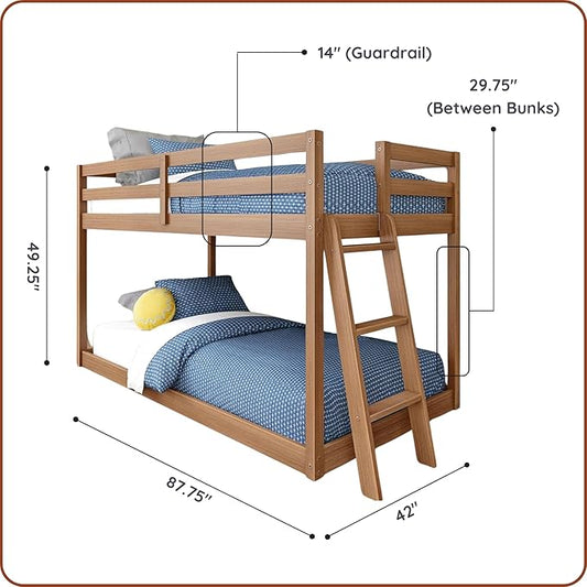 Grain & Grove Bear Twin Over Twin Bunk Bed, Low Bunk Bed Frame for Kids, Bunk with Ladder, Guardrail, and Slats, No Box Spring Required, Oak Embossed Pecan