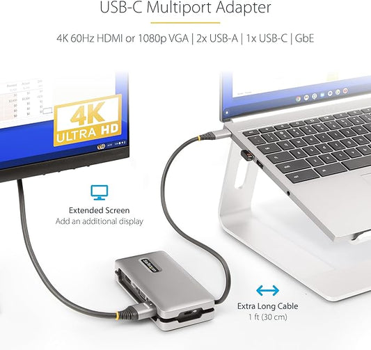 StarTech.com USB-C Docking Station for MacBook Pro M1 M2 M3 M4 and Windows, 4K 60Hz HDMI or 1080p VGA Video, USB 10Gbps Hub, 100W Laptop Charging, GbE, 1ft/30cm Cable