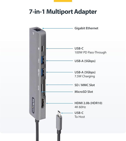 StarTech.com 7-in-1 USB-C Hub, Extra Long Cable Multiport Adapter with Gigabit Ethernet, 4K 60Hz HDMI, Gigabit Ethernet, SD/microSD and 100W Charging for MacBook Pro/Air and Windows