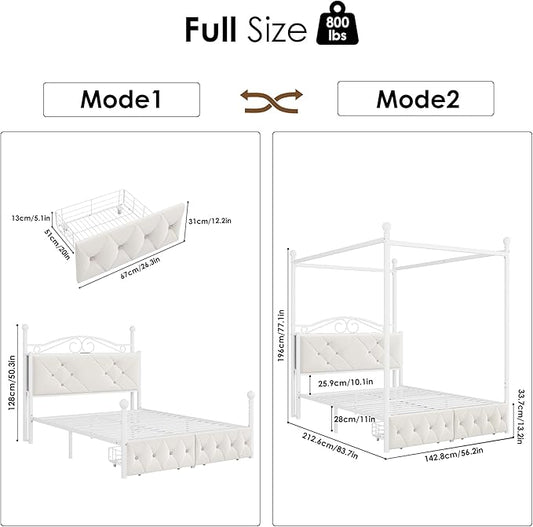 Full Upholstered Canopy Bed Frame with 2 Drawers & Crystal Tufted Storage Headboard Metal Platform Bed with Charging Station & 4 Removable Posts No Box Spring Needed Curtain Not Included, Beige