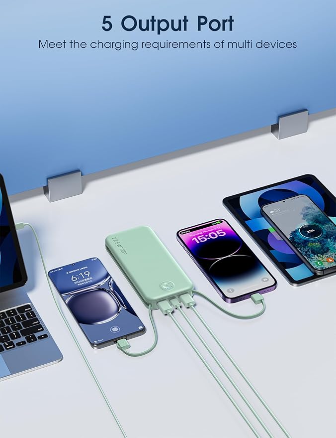 Portable Charger with Built in Cable and AC Wall Plug, USB C Power Bank 12000mAh 22.5W Super Fast Charging, Lightweight Portable Phone Charger Travel Battery Pack for iPhone, ect
