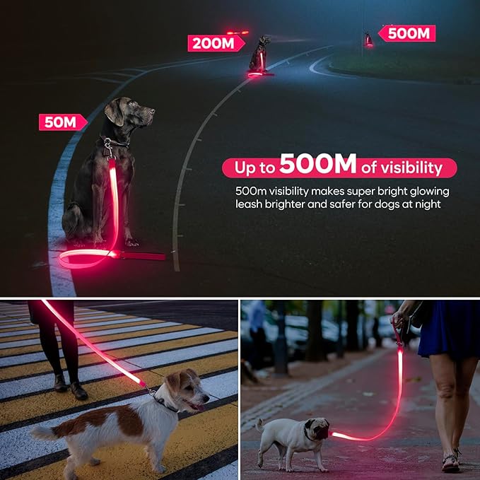 LED Dog Leash, Light Up Dog Leash 4 Ft USB Rechargeable Waterproof, Nylon Reflective Leashes with Padded Handle for Dogs Night Walking Light, Safety Glow in The Dark for Large Medium Pets (Pink)