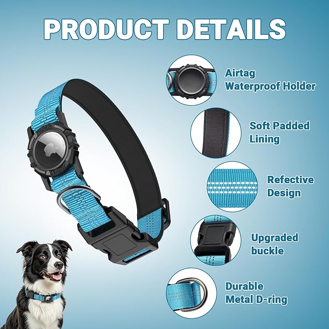 IP68 Waterproof AirTag Dog Collar ??Heavy Duty Reflective Padded Design with Integrated AirTag Holder for Small, Medium & Large Dogs ??Comfortable & Durable, Size M (12.6"-17.1"), Blue