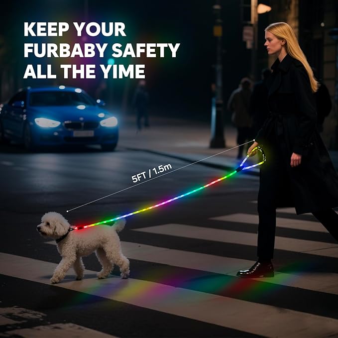 Colaseeme Light Up Dog Leash, LED Pet Leashes USB Rechargeable, Glow Safety Dogs Lights at Night (5FT,Multi-Color)