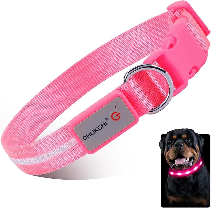 CHUKCHI LED Dog Collar Rechargeable,Waterproof Flashing Collar,Light Up Glow Collar, Adjustable Soft Safety Light Up for Small Medium Large Dogs Walking Camping at Night (Pink-L)