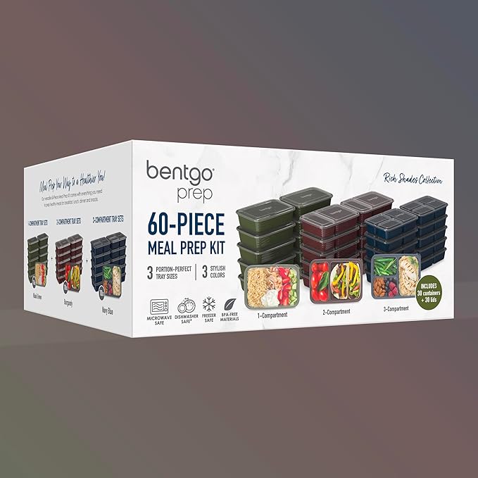 Bentgo Prep 60-Piece Meal Prep Kit - Reusable PFAS & BPA-Free Food Containers, 1-Compartment, 2-Compartment, & 3-Compartments - Microwave, Freezer, & Dishwasher Safe (Rich Shades)