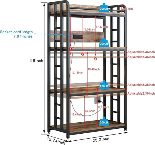 Adjustable 4-Tier Heavy Duty Kitchen Baker's Rack with Power Outlet, with Industrial Wheels, Free Standing Microwave Oven Cart Stand for Storage in Living Room, Garage, Rustic Brown