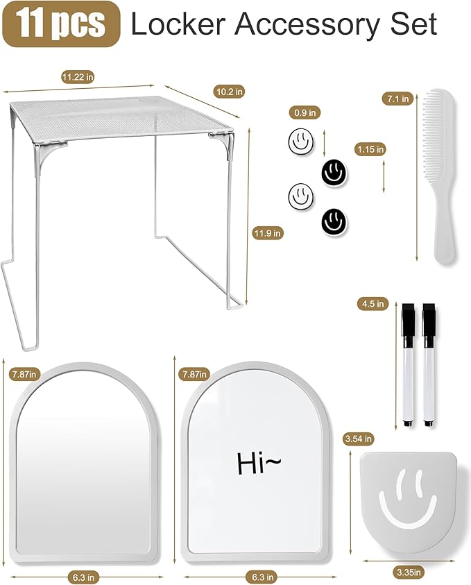 KEYDUACU 10 pcs - Locker Accessories, Locker Decorations including mirrors, whiteboards, magnets and organizing supplies. Ideal for back-to-school essentials and the office (11 Pcs-Light Gray)