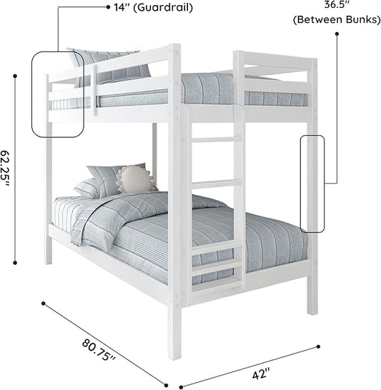 Grain & Grove Bear Twin Over Twin Bunk Bed, Sturdy Bunk Bed Frame for Kids, Plywood Bunk with Ladder, Guardrail, and Slats, No Box Spring Required, Brushed White