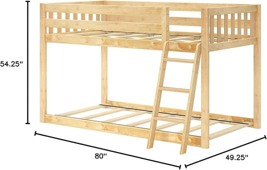 Max & Lily Fundamental Twin Low Bunk Bed, Kids Solid Wood Modern Bed Frame with Strong Wooden Slats, Non-Toxic Finishes, High Weight Capacity, Natural