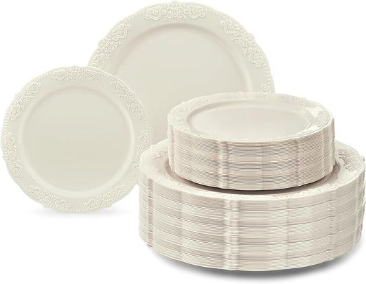" OCCASIONS " 240 Plates Pack,(120 Guests) Vintage Wedding Party Disposable Plastic Plates Set -120 x 10.25'' Dinner + 120 x 7.5'' Salad / Dessert Plate (Portofino Ivory)