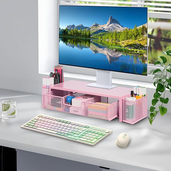 Computer Monitor Stand Riser with Drawer and Pen Holders, Desk Organizer Shelf and Accessories, Office Desk Accessories, Office Organization, Pink