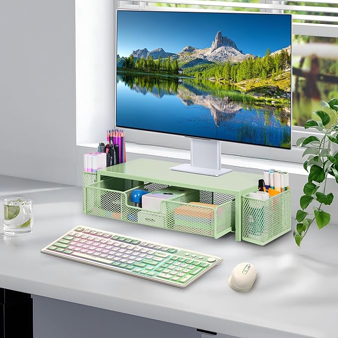 Computer Monitor Stand Riser with Drawer and Pen Holders, Desk Organizer Shelf and Accessories, Office Desk Accessories, Office Organization, Green