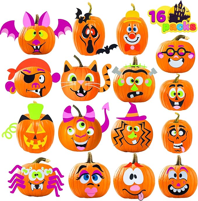 JOYIN 16 Packs Halloween Pumpkin Decorating Stickers, Foam Craft Kit, Halloween Party Favors for Kids, Party Supplies Arts Activities, Funny Jack O Lantern Stickers School Games Gifts