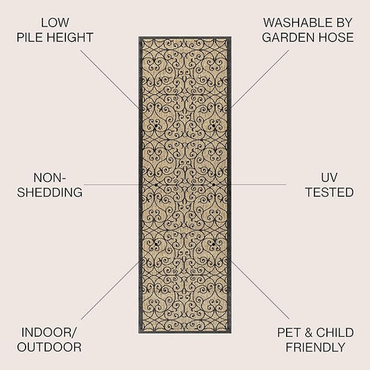 JONATHAN Y Vintage Filigree Indoor Outdoor Runner Rug 2X20 Black/Khaki, Madrid Textured Weave for Backyard, Patio, Porch, Easy-Cleaning, High Traffic, Pet-Friendly, Non-Shedding (SMB107A-220)