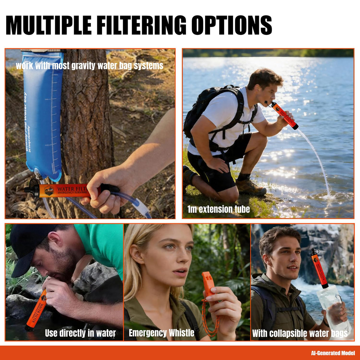 5-Pack Personal Water Filter Straw with Emergency Whistle, Portable Reusable Survival Filter for Family Camping, Hiking, Backpacking & Emergency Preparedness