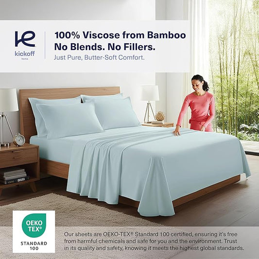 Kickoff Viscose Bamboo Sheets Queen Size 4-pc 100% Organic Bamboo Viscose Bed Cooling Sheets Queen Size Set Cool Bedding for hot Sleepers Sheet, Flat, Fitted, Pillowcases (Coastal Blue, Q)