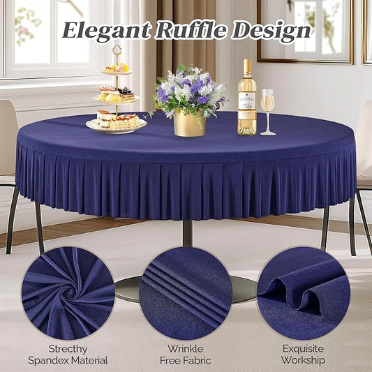 1 Pack Navy Blue Spandex Round Tablecloths for 72in Table, Stretchy Fitted 6FT Round Table Cloths, Wrinkle Free Table Cover with Skirt for Wedding Birthday Party Bridal Shower Banquet