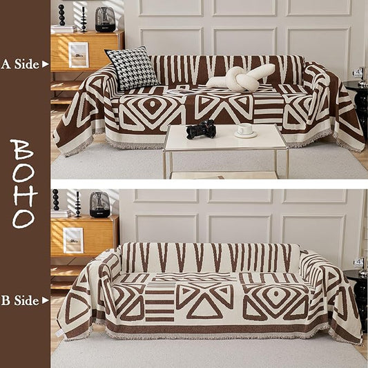 HANDONTIME Chocolate Boho Couch Cover Reversible Sofa Covers for 3 Cushion Washable Couch Sofa Cover for Dogs Dark Couches Covers Chenille Couch Protector Couch Covers for Sofa, 71" X71"