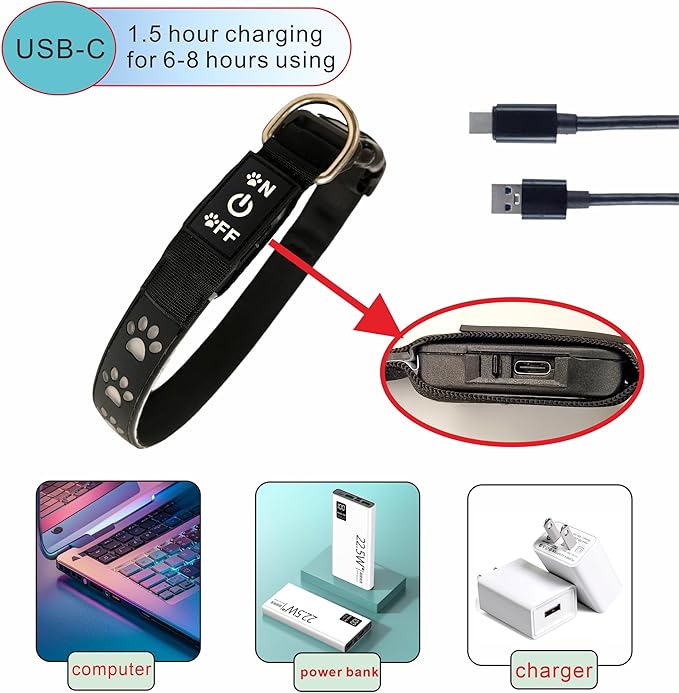 LED Light Up Dog Collar, USB-C Rechargeable, Multicolor Paw Print Design, 15 Modes Lighting Night Safety (Green Pro, XL(19.7-23.6"))