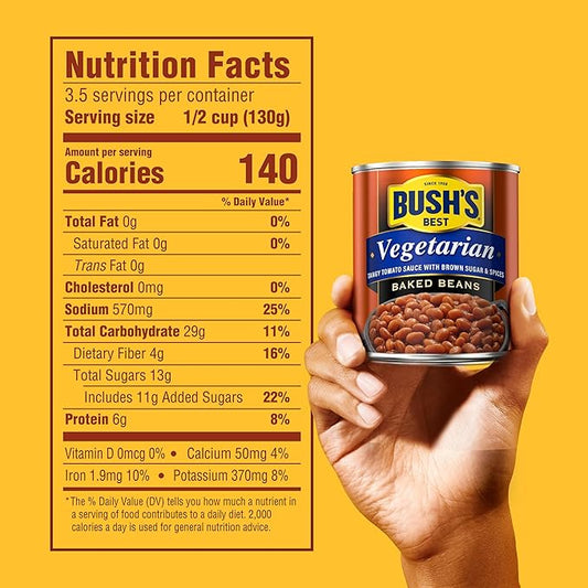 BUSH'S BEST 16 oz Canned Vegetarian Baked Beans, Source of Plant Based Protein and Fiber, Low Fat, Gluten Free, (Pack of 12)