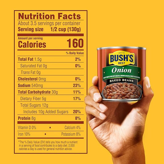 BUSH'S BEST 16 oz Canned Onion Baked Beans, Source of Plant Based Protein and Fiber, Low Fat, Gluten Free, (Pack of 12)
