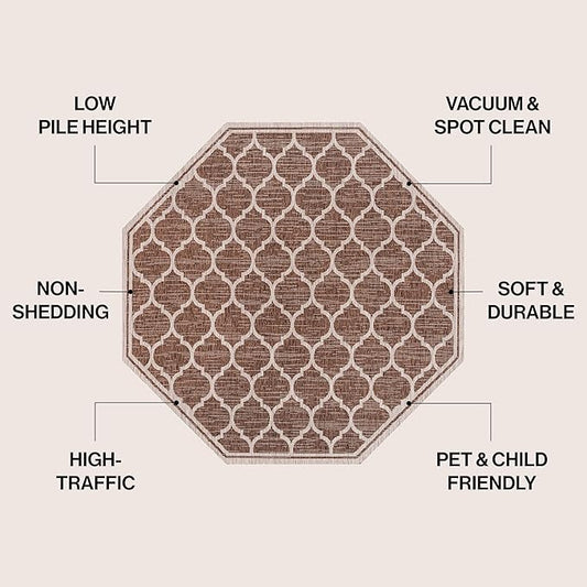 JONATHAN Y Moroccan Trellis Indoor Outdoor Octagon Area Rug 5 Ft Espresso/Taupe, Trebol Textured Weave for Backyard, Patio, Porch, Easy-Cleaning, Pet-Friendly, Non-Shedding (SMB109B-5TGN)
