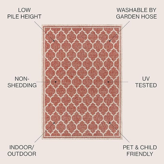 JONATHAN Y Moroccan Trellis Indoor Outdoor Square Area Rug 8X8 Red/Beige, Trebol Textured Weave for Backyard, Patio, Porch, Easy-Cleaning, High Traffic, Pet-Friendly, Non-Shedding (SMB109C-8SQ)
