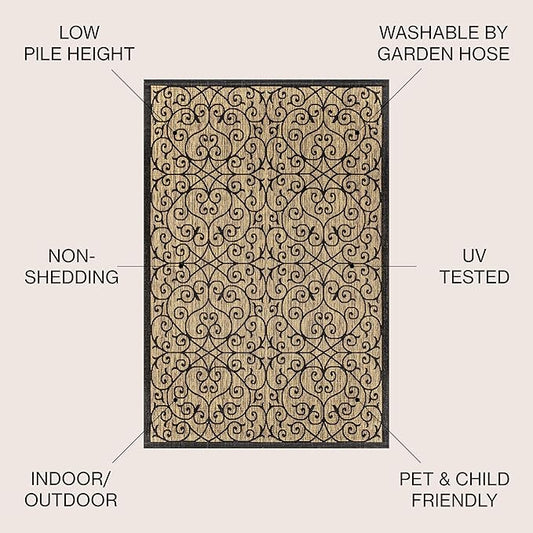 JONATHAN Y Vintage Filigree Indoor Outdoor Round Area Rug 8 Ft Black/Khaki, Madrid Textured Weave for Backyard, Patio, Porch, Easy-Cleaning, High Traffic, Pet-Friendly, Non-Shedding (SMB107A-8R)