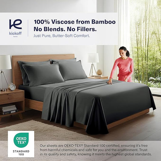 Kickoff Viscose Bamboo Sheets Twin Size 3-pc 100% Organic Bamboo Viscose Bed Cooling Sheets Twin Size Set Cool Bedding for hot Sleepers Sheet, Flat, Fitted, Pillowcase (Pewter, T)