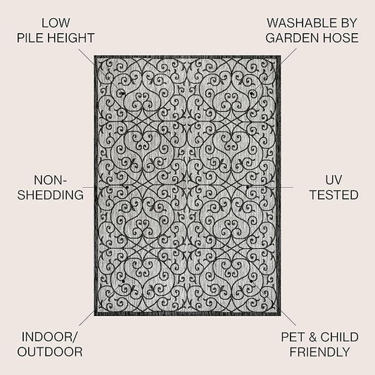 JONATHAN Y Vintage Filigree Indoor Outdoor Round Area Rug 9 Ft Light Gray/Black, Madrid Textured Weave for Backyard, Patio, Porch, Easy-Cleaning, High Traffic, Pet-Friendly, Non-Shedding SMB107E-9R