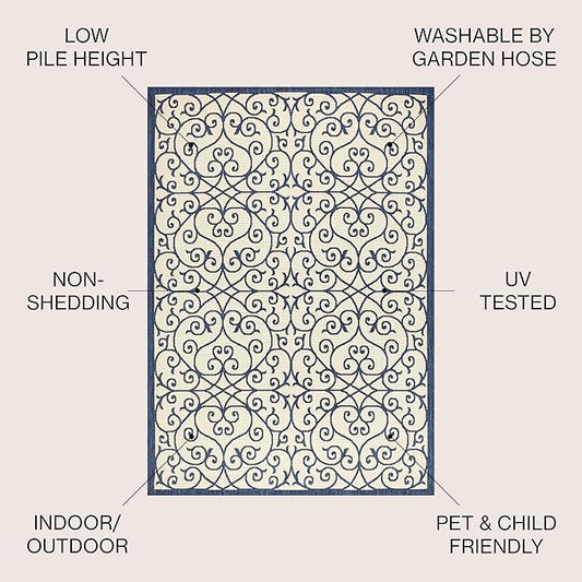 JONATHAN Y Vintage Filigree Indoor Outdoor Area Rug 4X6 Navy/Beige, Madrid Textured Weave for Backyard, Patio, Porch, Easy-Cleaning, High Traffic, Pet-Friendly, Non-Shedding (SMB107G-4)