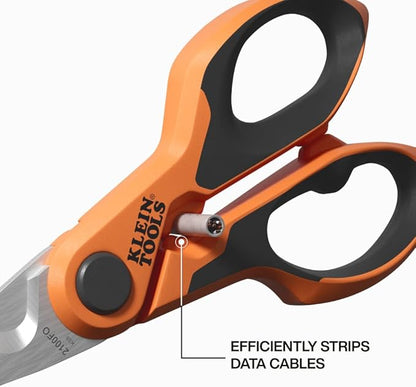 Klein Tools 2100FO Stainless Electrician Scissors with Serrated Blade and Cable Stripper, Compact Shears for Wire and Cable Cutting, 6-Inch