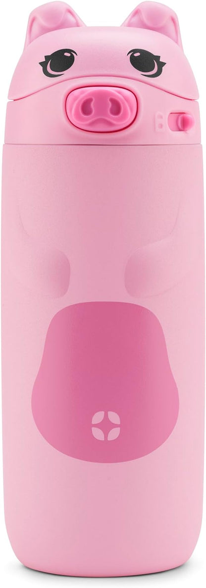 Ello Ellies 12oz Vacuum Insulated Stainless Steel Kids Water Bottle with Straw and Built-in Carrying Handle and Leak-Proof Locking Lid for School Backpack, Lunchbox and Outdoor Sports, Pig