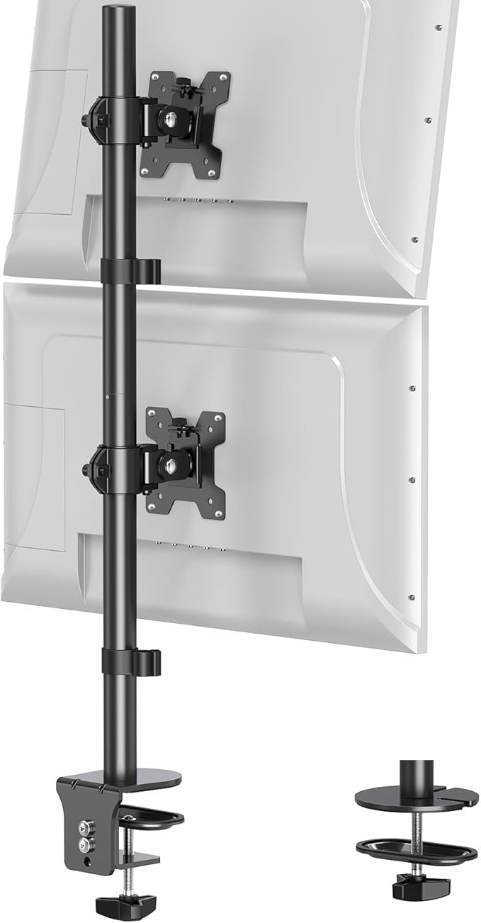 Vertical Dual Monitor Stand, Stacked Monitor Mount for 2 Screen Max 32 inches, Computer Monitor Arm Holds up to 17.6 lbs Each, Height Adjustable, Swivel, Tilt Monitor Desk Mount, VESA 75/100