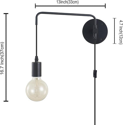 Wall Lamp with Plug in Cord, Swing Arm Wall Sconces with On Off Switch in Cord, Metal Black Vintage Industrial Wall Mounted Light Fixture for Living Room Bedside Bedroom (1 Pack)