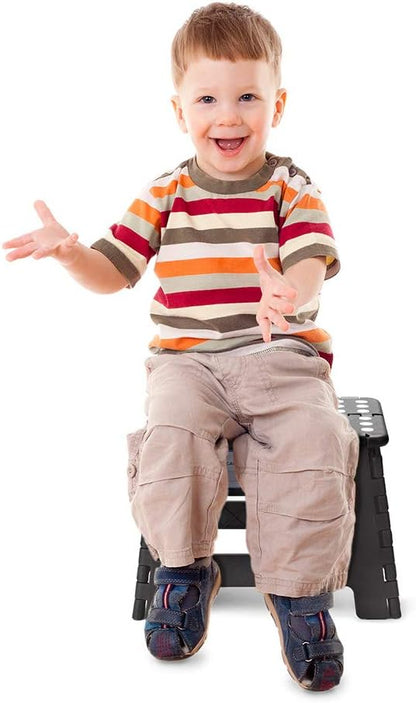 ACSTEP Folding Step Stool 9'' Tall Kids Step Stool Holds Up to 300 lb Plastic Foldable Step Stools for Kids Non-Slip Surface with Carry Handle Collapsible Stool for Home, Outdoor and Indoor(Black)