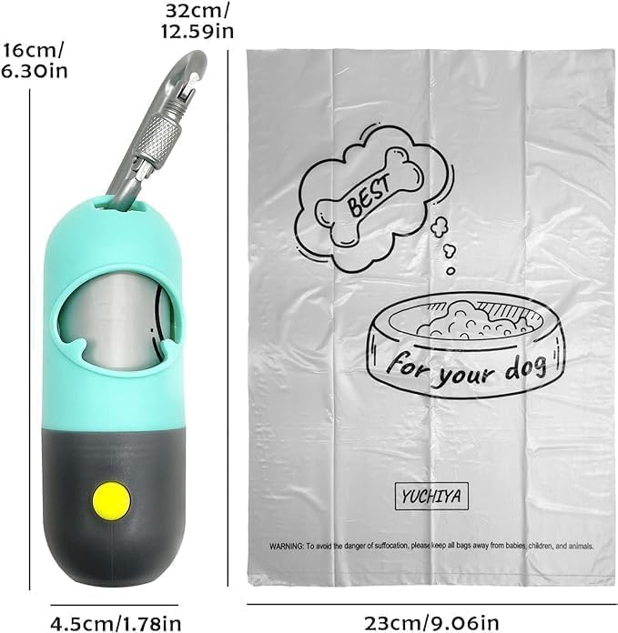 Dog Poop Bag Holder With LED Flashlight | Pet Waste Dispenser for Leash | Doggie Potty Container With Leak-proof Trash Bags and Accessories (2 Holders 30 Bags, Mint Green)