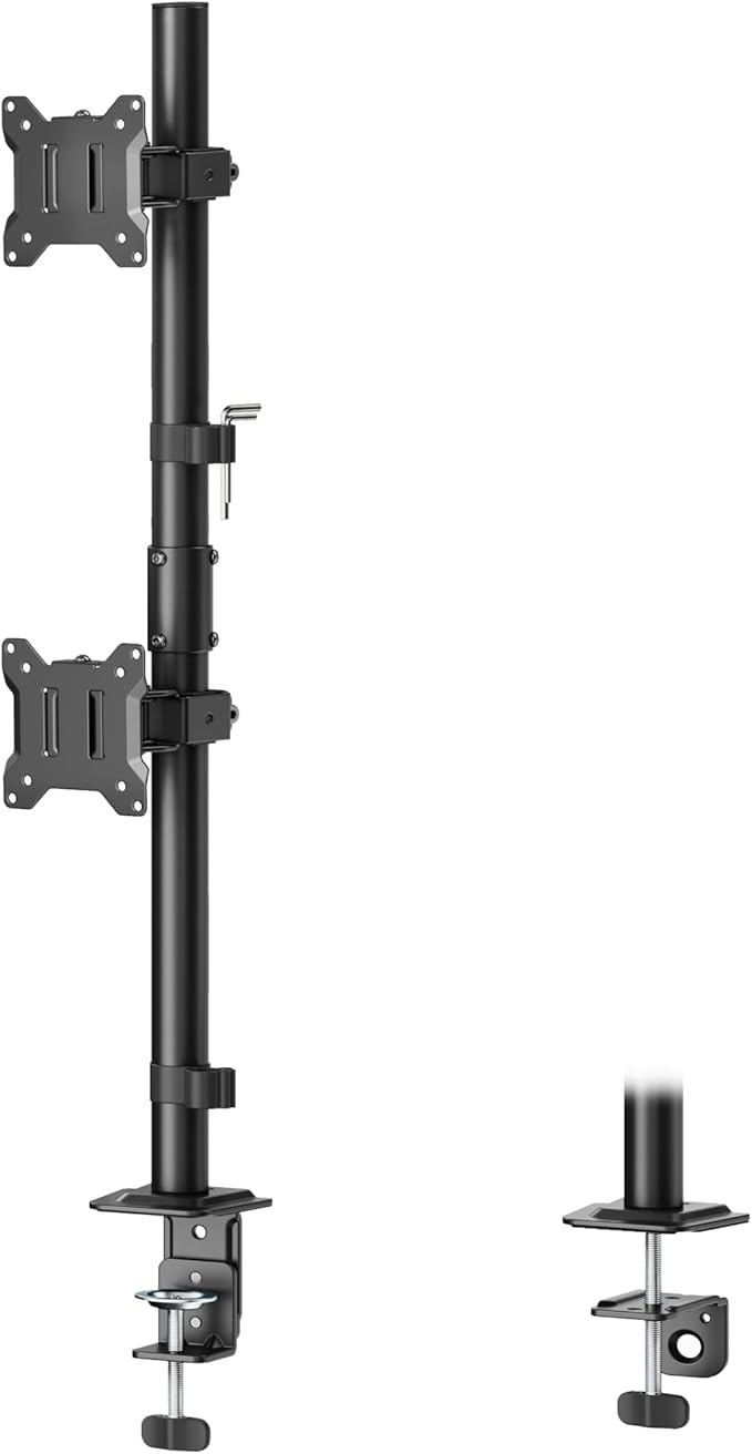 monTEK Stable Vertical Dual Monitor Mount, Stacked Desk Stand for Two 17-32 inch Screens, Full Motion Arm with Tilt, Swivel, Rotation, Supports 22 lbs per Side, C-Clamp/Grommet Base, VESA 100×100mm